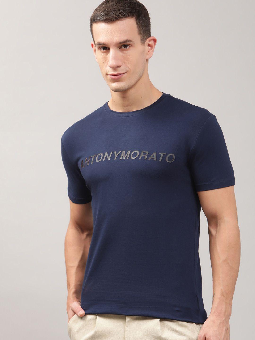 antony morato men navy blue typography monochrome slim fit t-shirt