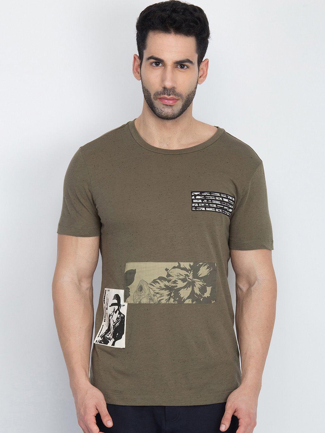 antony morato men olive brown printed round neck t-shirt