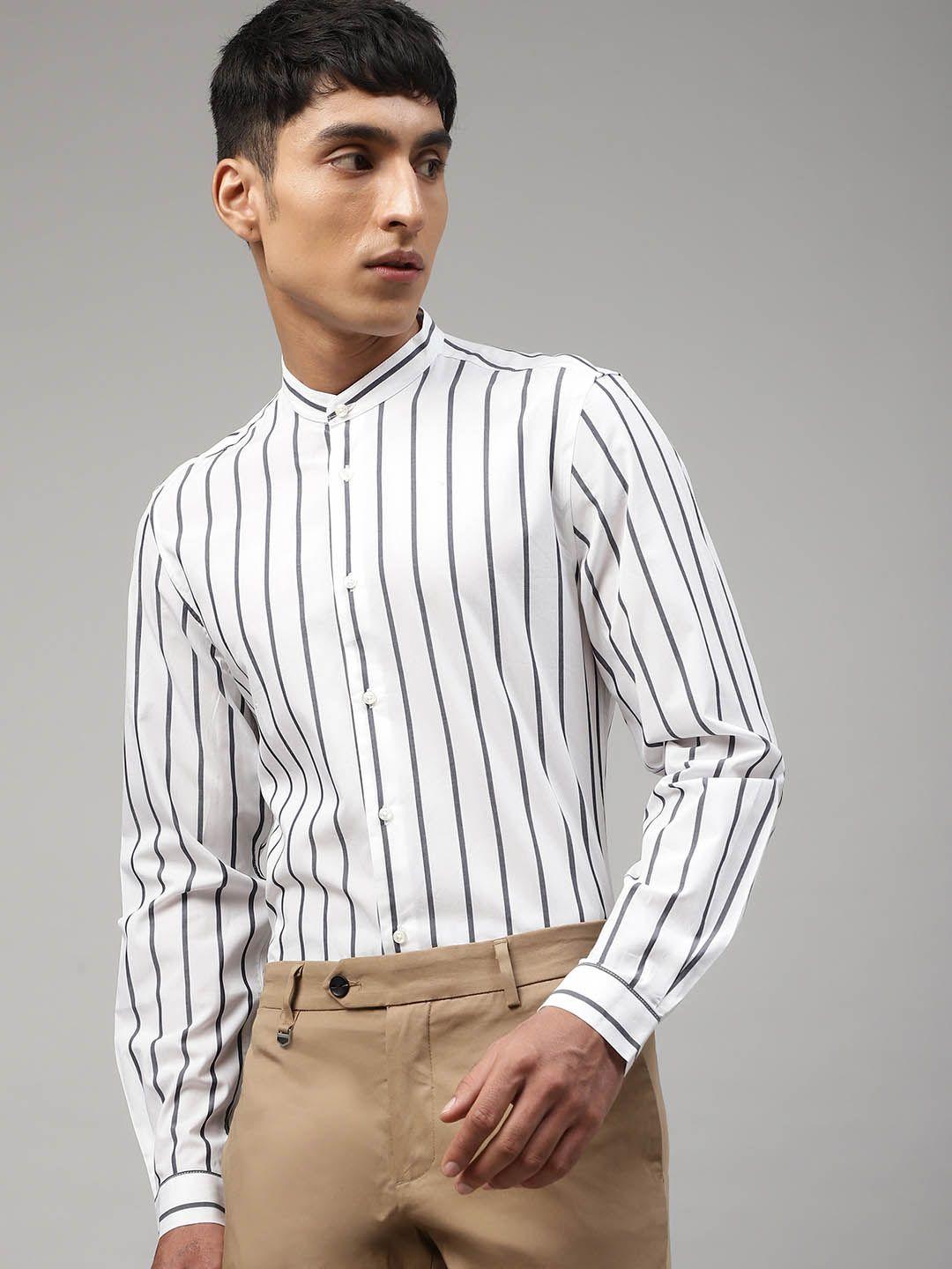 antony morato men white & blue slim fit striped casual shirt