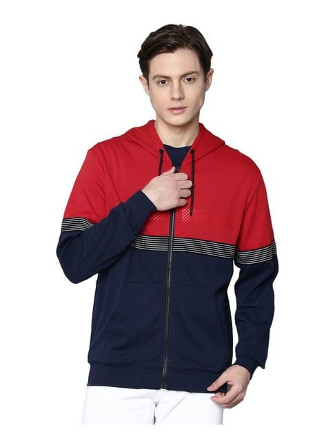 antony morato red & navy full sleeves cotton hooded jacket