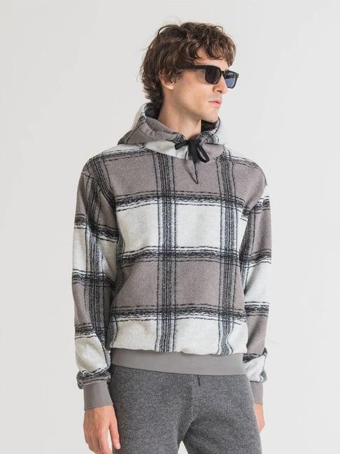 antony morato steel grey & white checkered hooded sweatshirt