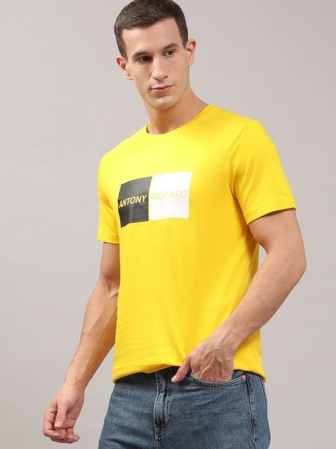antony morato yellow cotton slim fit printed t-shirt