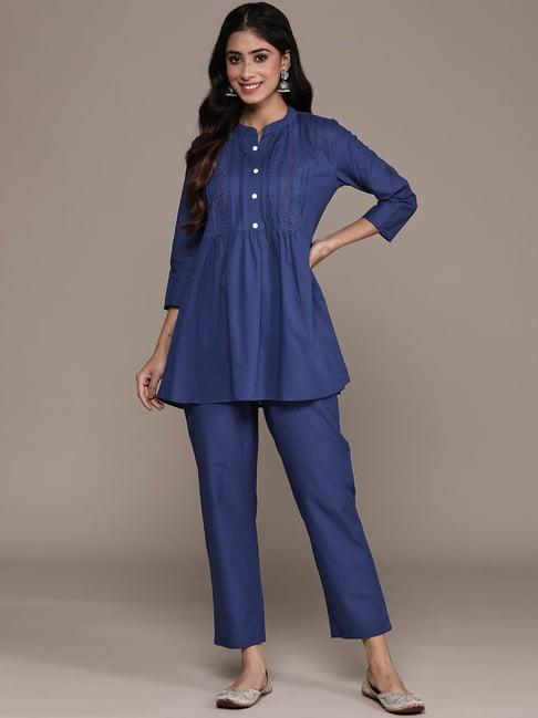 anubhutee blue pure cotton tunic & pant set