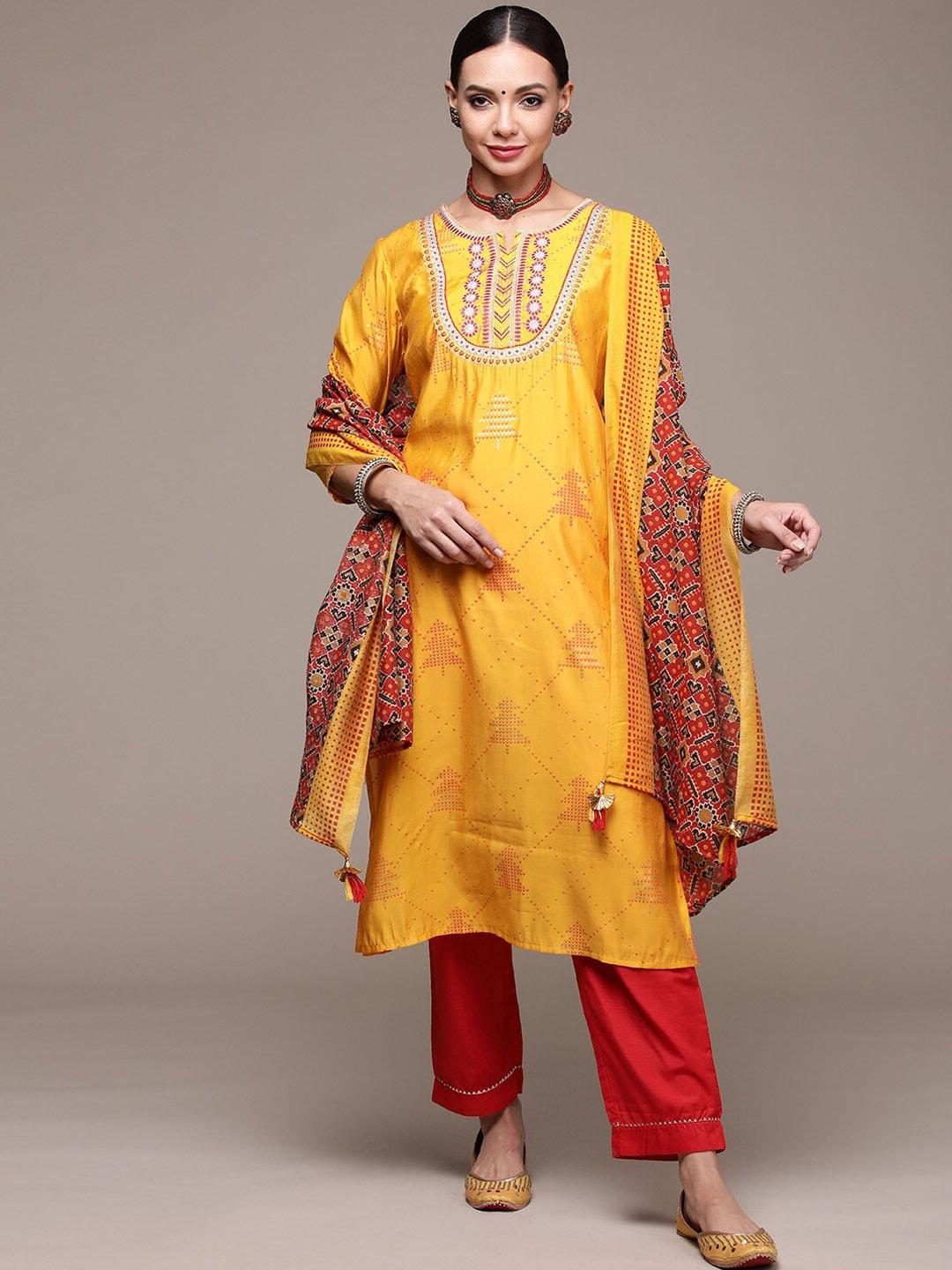 anubhutee embroidered straight kurta with trousers & with dupatta