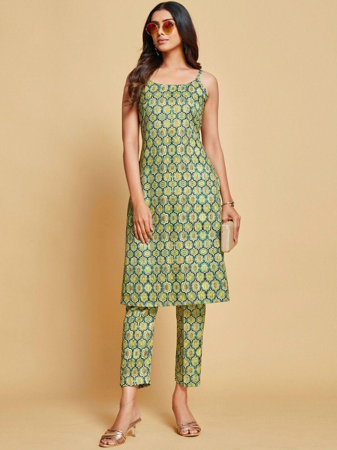 anubhutee ethnic motifs shoulder straps sleeveless pure cotton straight kurta & trousers
