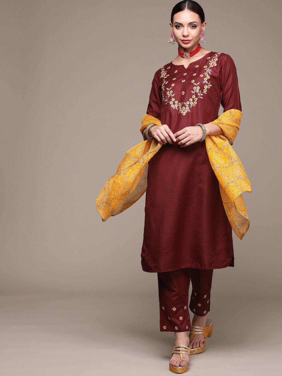 anubhutee floral embroidered pure cotton kurta with trousers & dupatta