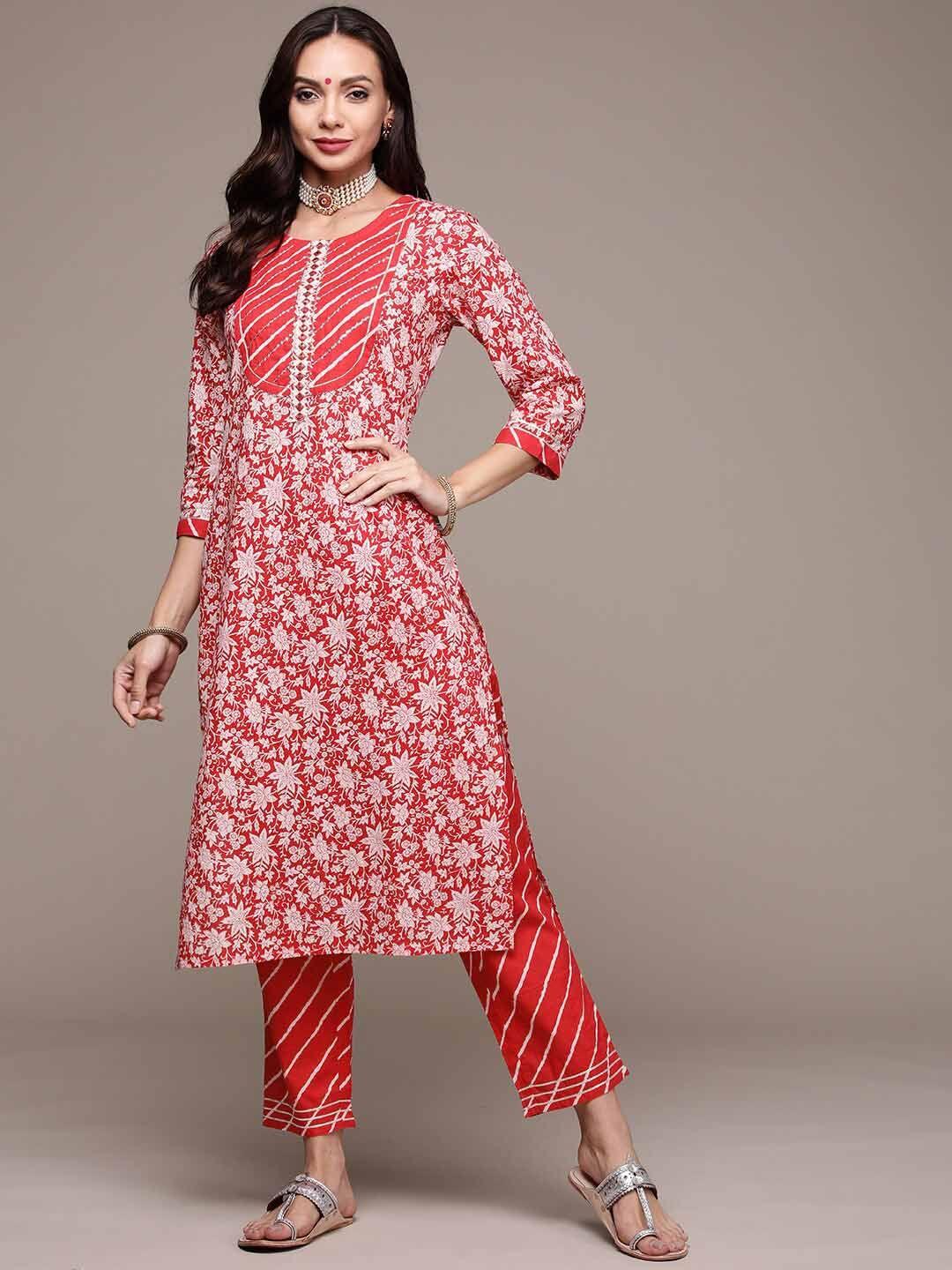anubhutee floral embroidered pure cotton straight kurta with trousers