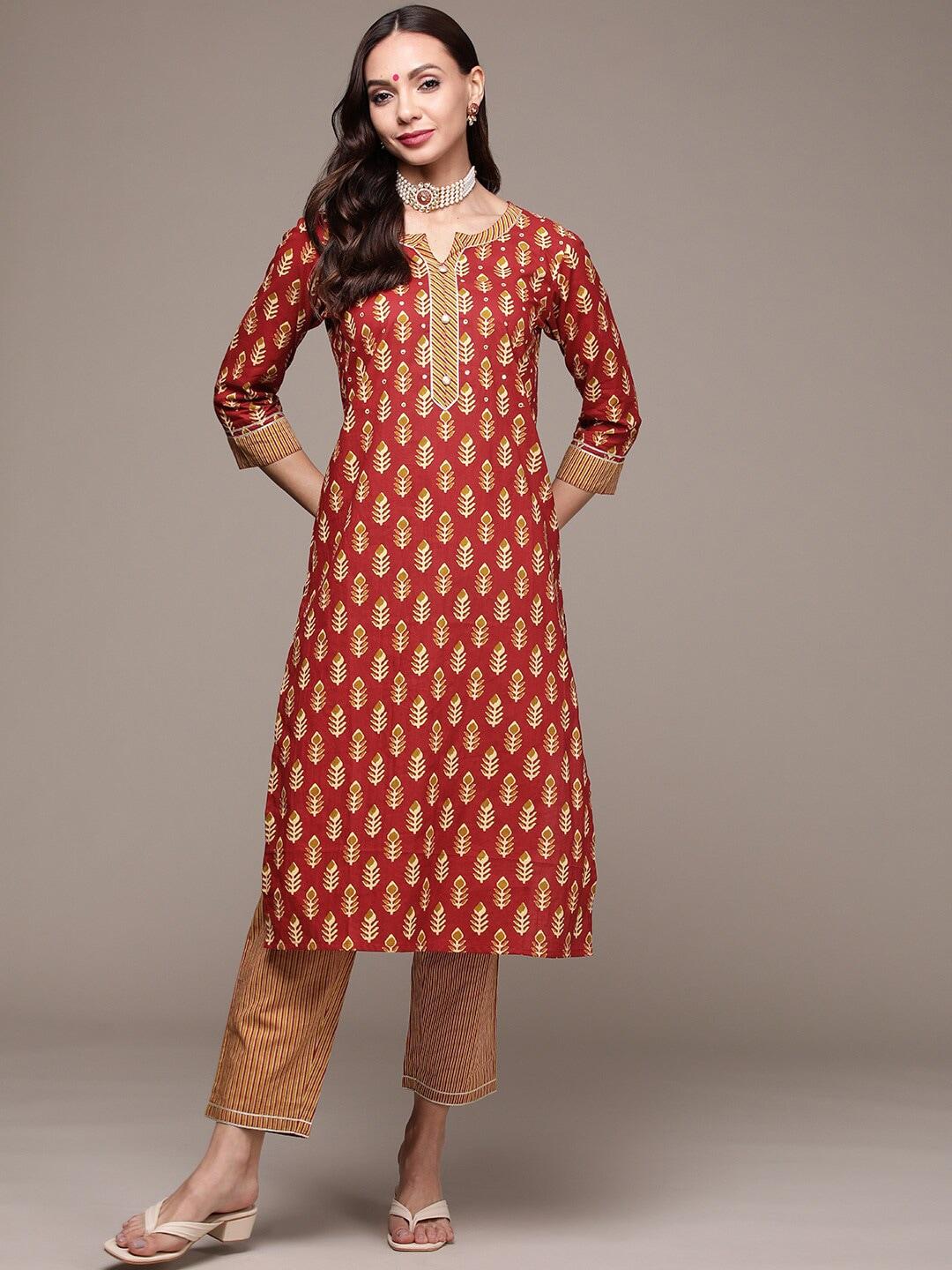 anubhutee floral printed straight pure cotton kurta with trousers