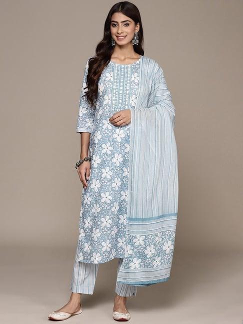 anubhutee light blue floral print pure cotton kurta with pant & dupatta