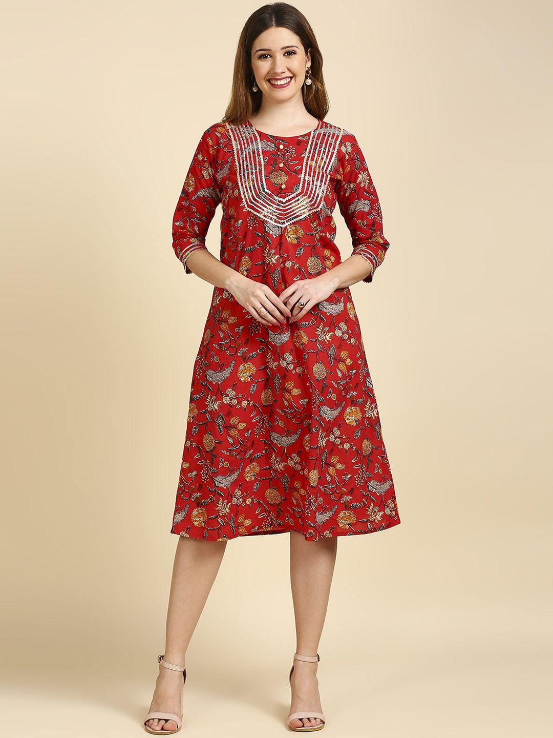 anubhutee red ethnic motifs a-line midi dress