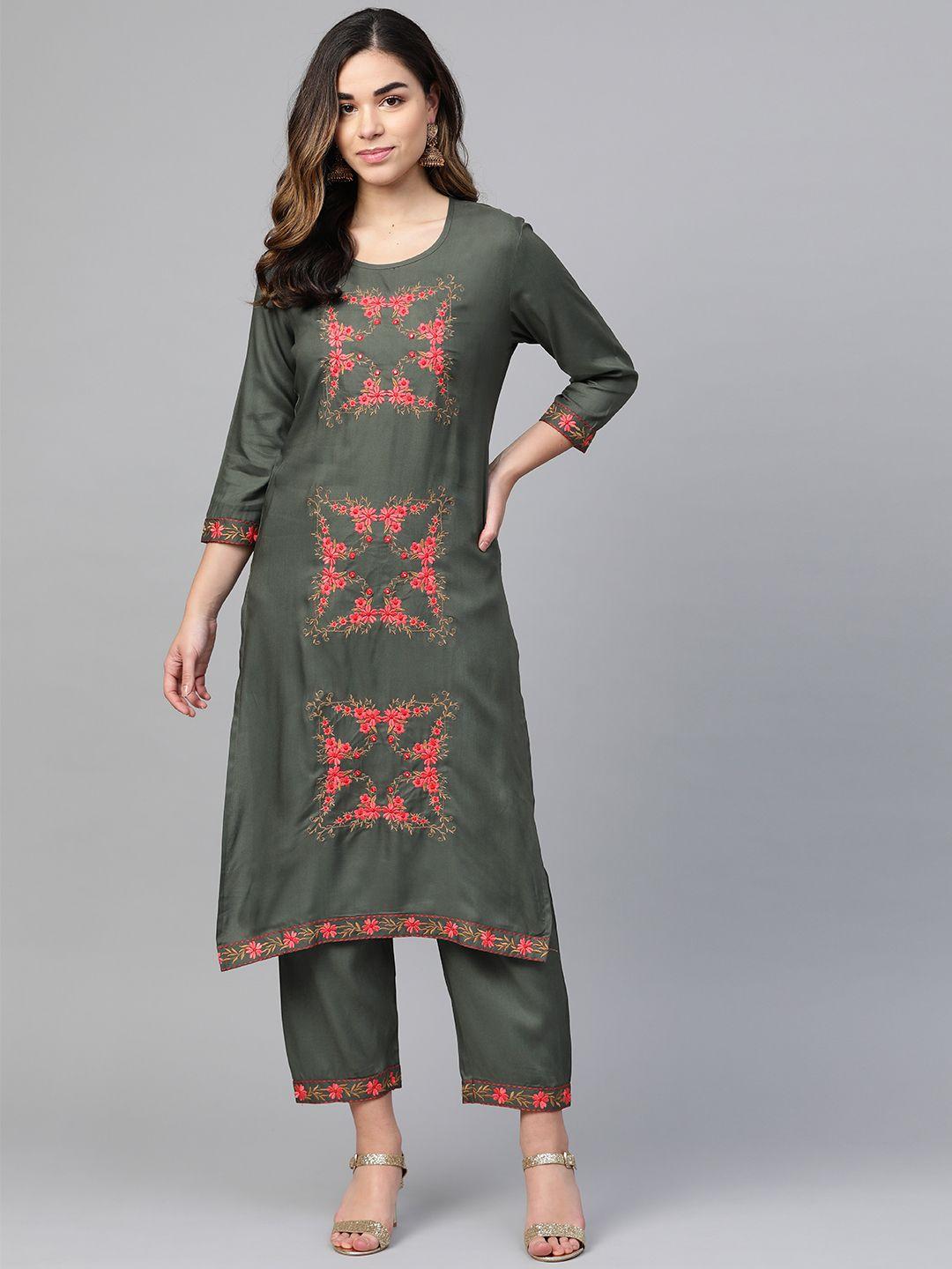 anubhutee women charcoal grey & pink embroidered kurta with trousers