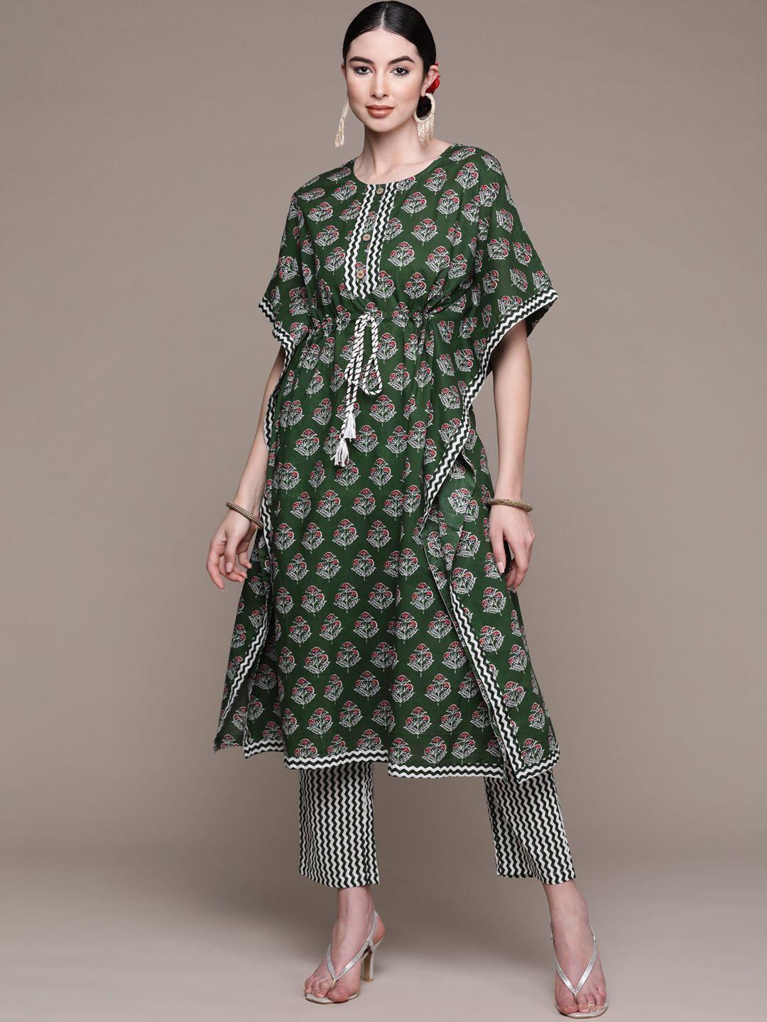 anubhutee women green floral printed pure cotton kurta with trousers