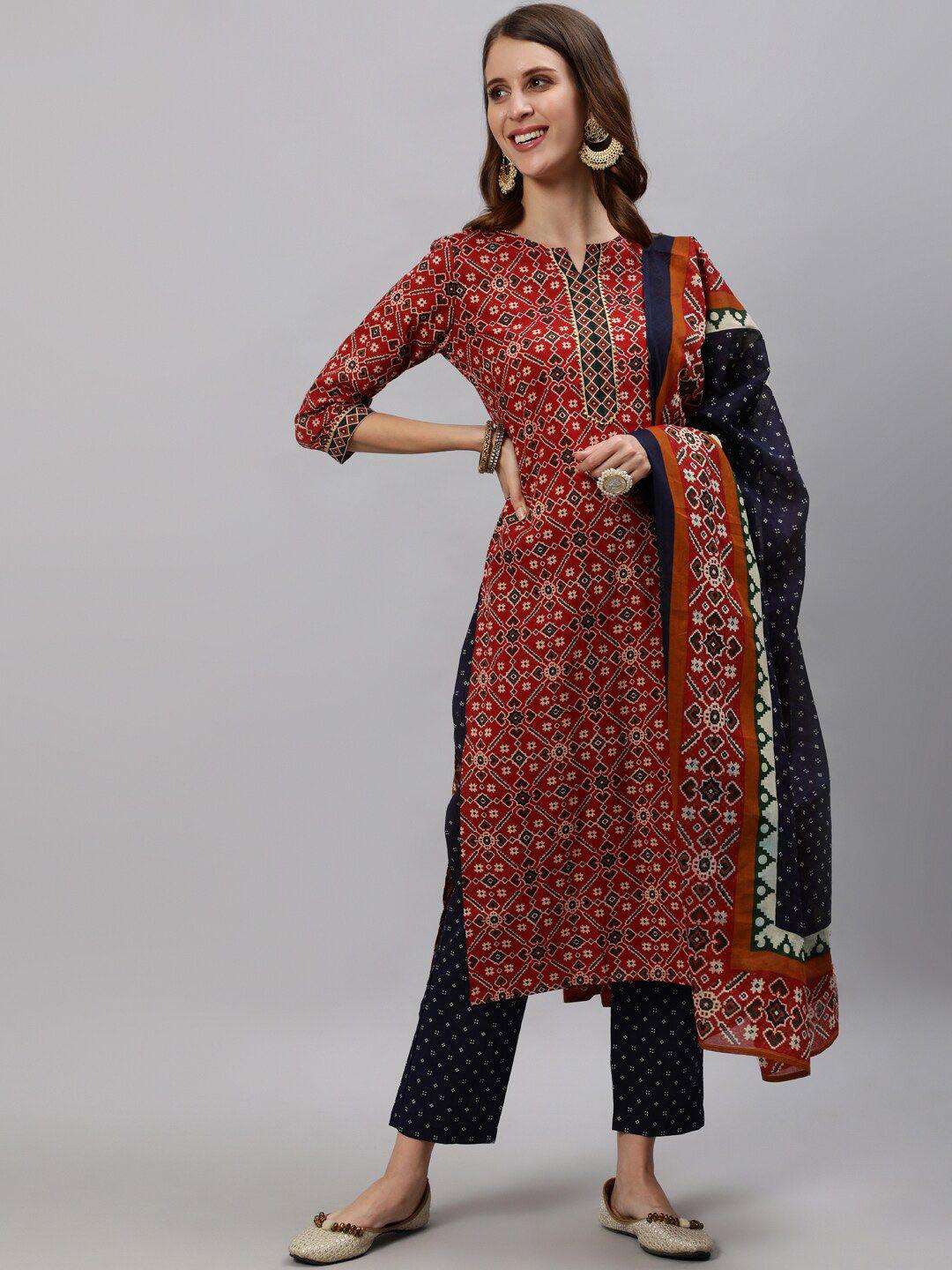 anubhutee women maroon ethnic motifs printed gotta patti kurta with trousers & dupatta