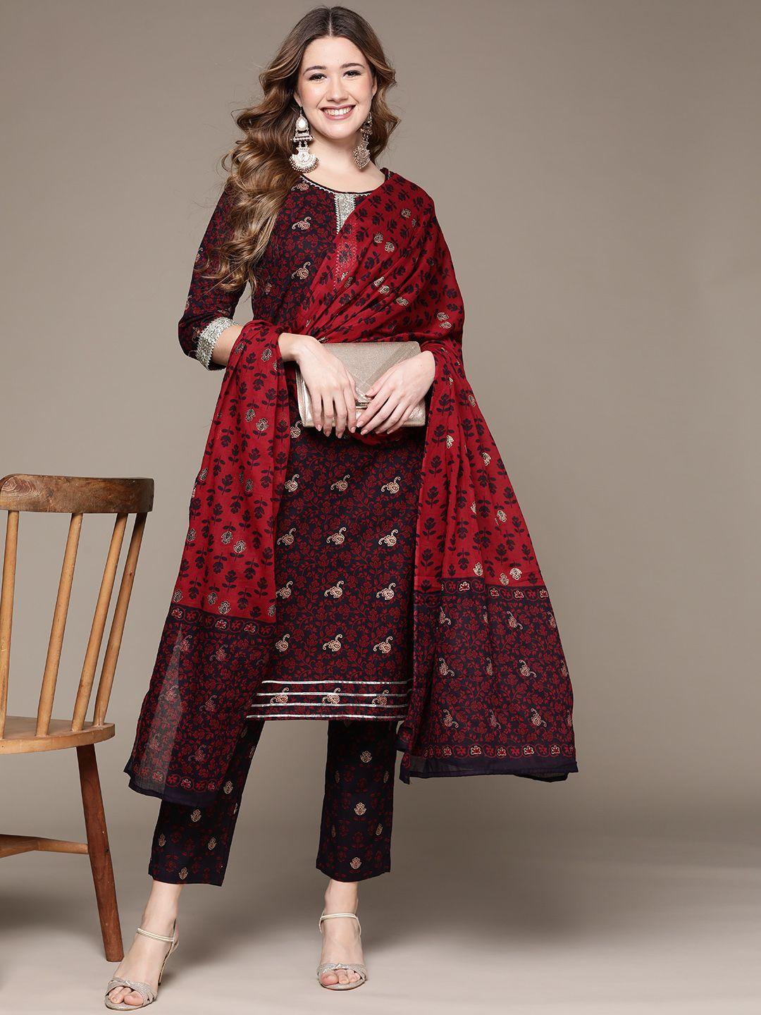 anubhutee women maroon ethnic motifs printed pure cotton kurta with trousers & dupatta