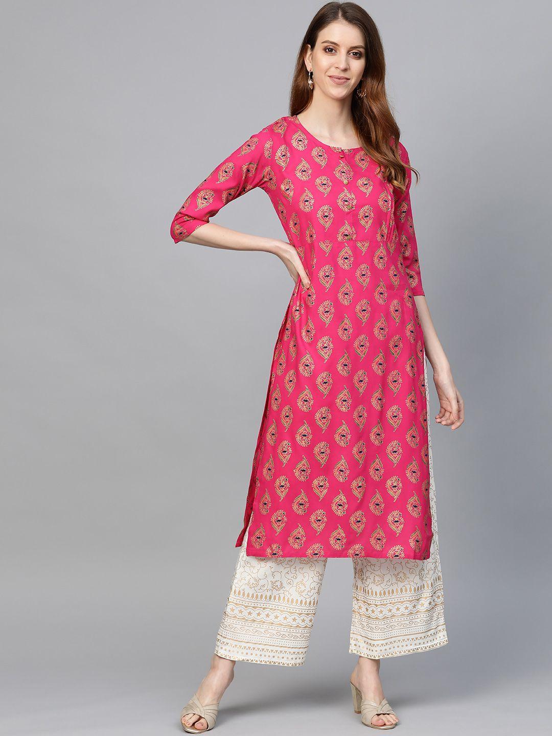 anubhutee women pink & off-white printed kurta with palazzos