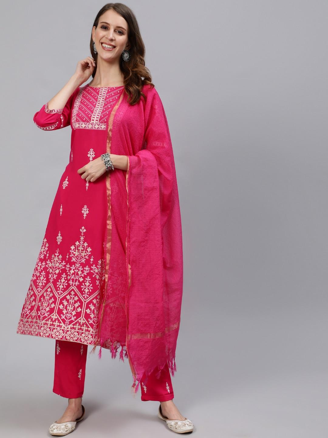 anubhutee women pink ethnic motifs printed regular kurta with trousers & with dupatta