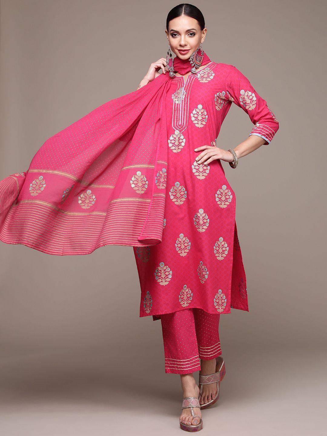 anubhutee women pink floral printed pure cotton kurta with trousers & with dupatta