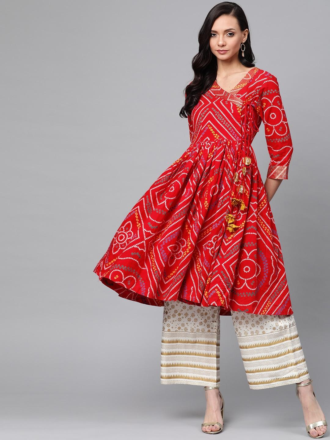 anubhutee women red & off-white bandhani print kurta with palazzos