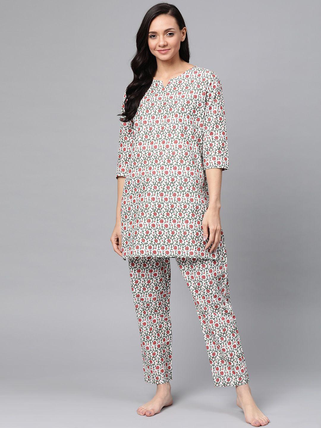 anubhutee women white & red pure cotton floral print nightsuit