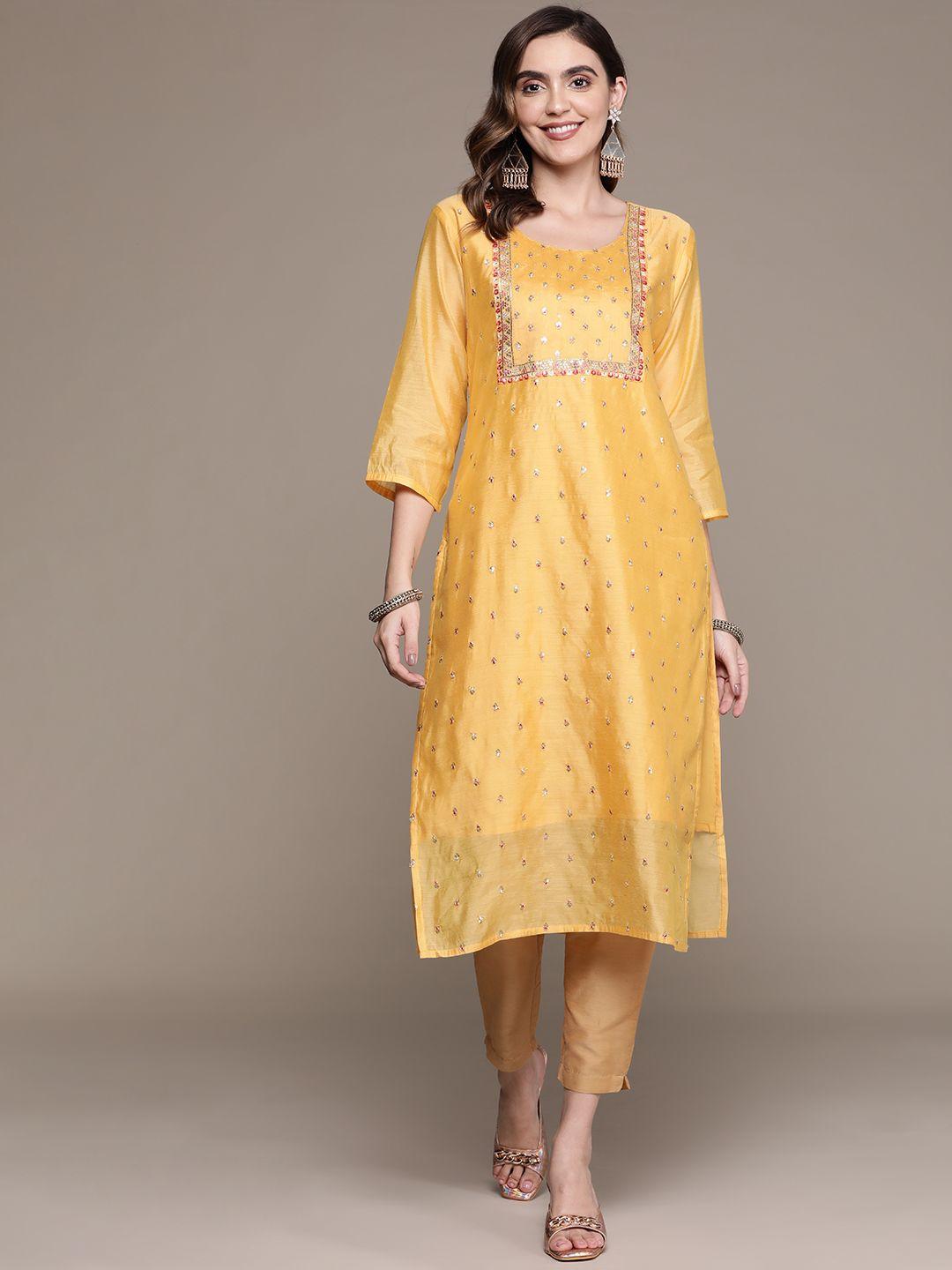 anubhutee yellow & golden ethnic motifs embroidered straight kurta