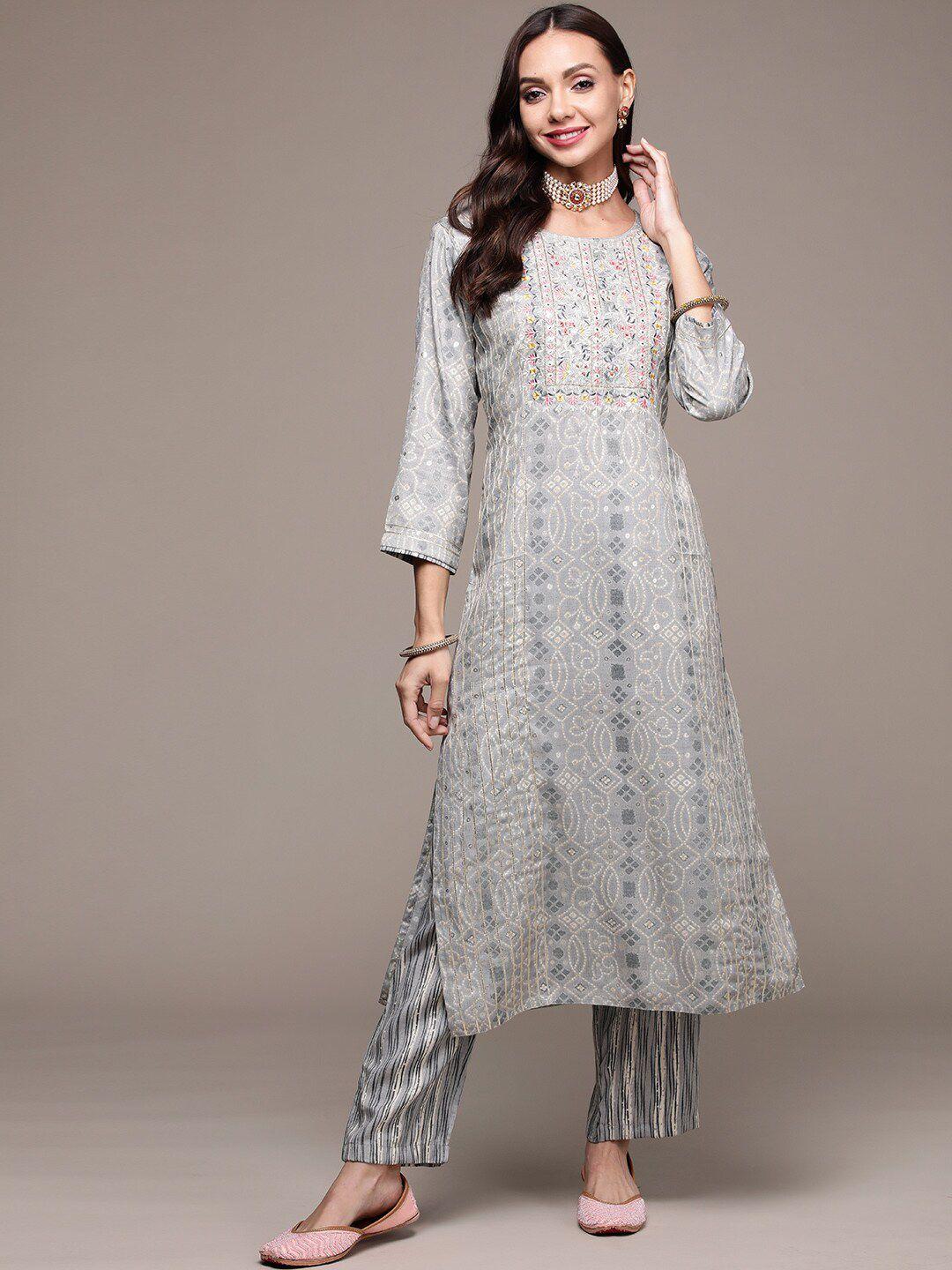 anubhutee  floral printed thread work kurta with trousers set