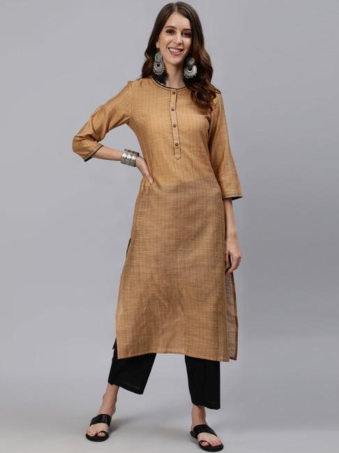 anubhutee beige & black cotton embellished kurta pant set