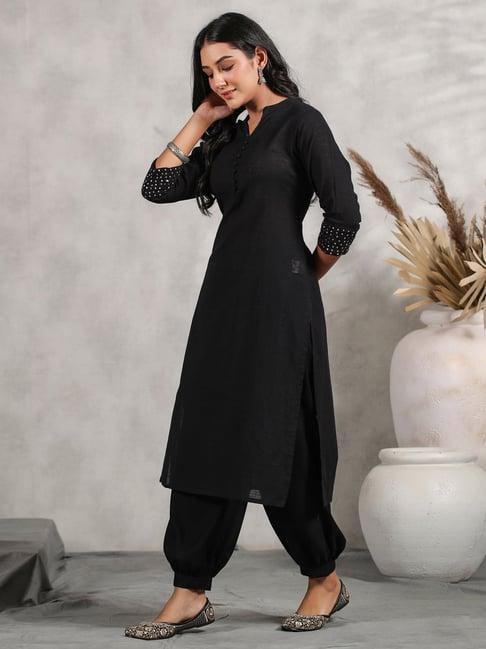 anubhutee black cotton embellished straight kurta