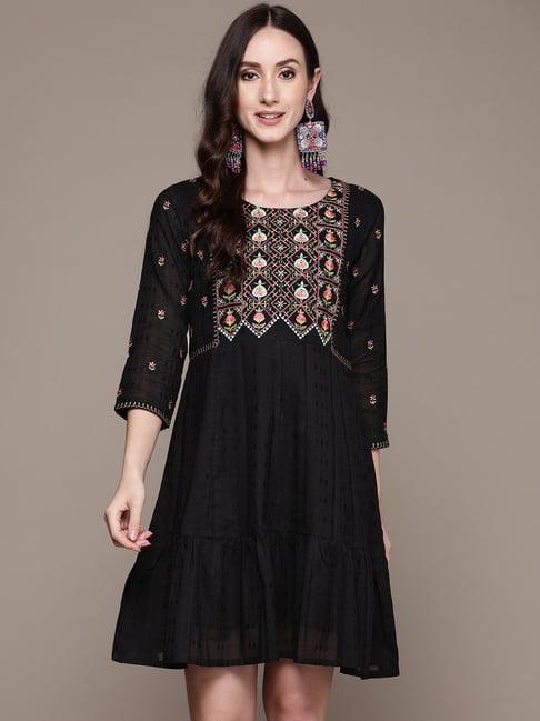 anubhutee black cotton embroidered a-line dress