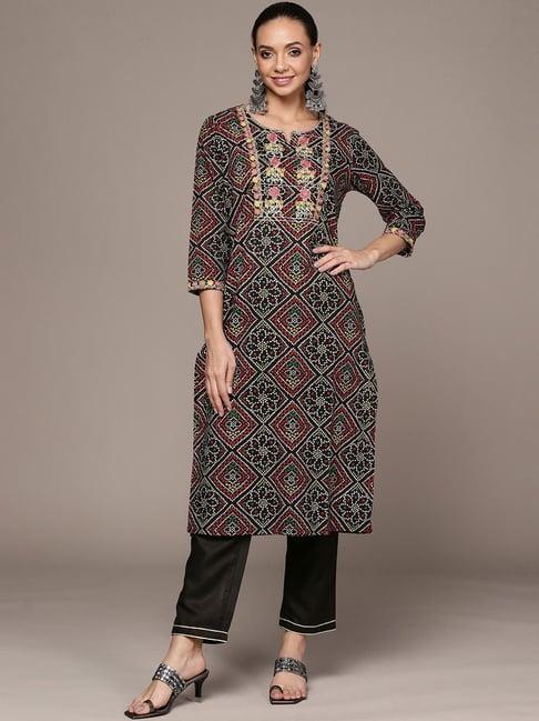 anubhutee black cotton embroidered kurta pant set