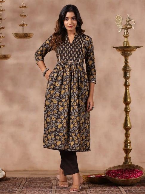 anubhutee black cotton floral print kurta pant set