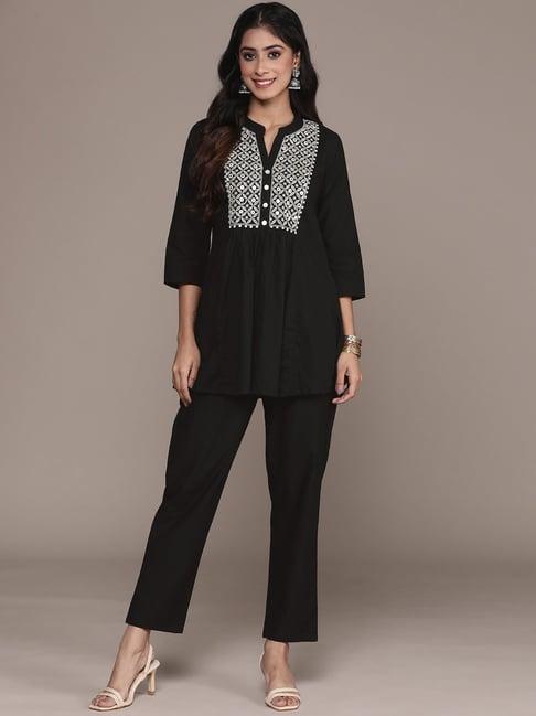 anubhutee black embellished pure cotton tunic & pant set