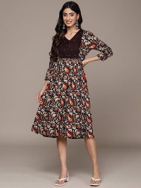 anubhutee black floral print fit & flare dress