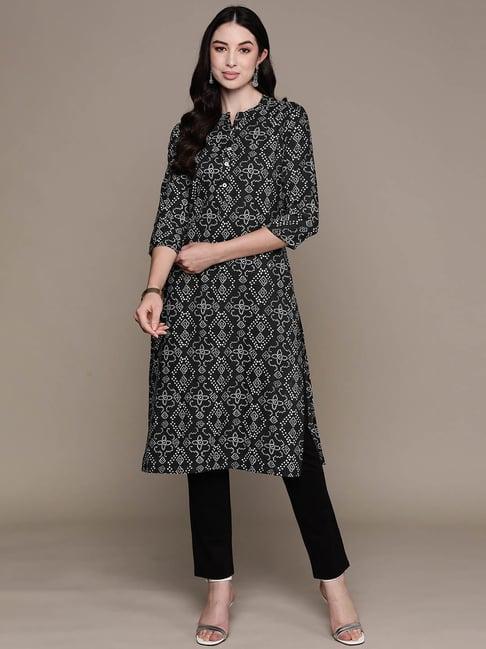 anubhutee black printed straight pure cotton kurta