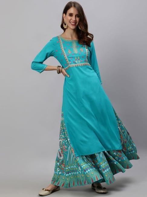 anubhutee blue cotton embellished kurta skirt set