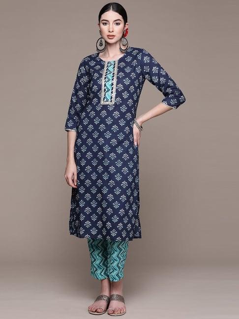 anubhutee blue cotton embroidered kurta pant set