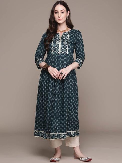 anubhutee blue cotton floral a line kurta