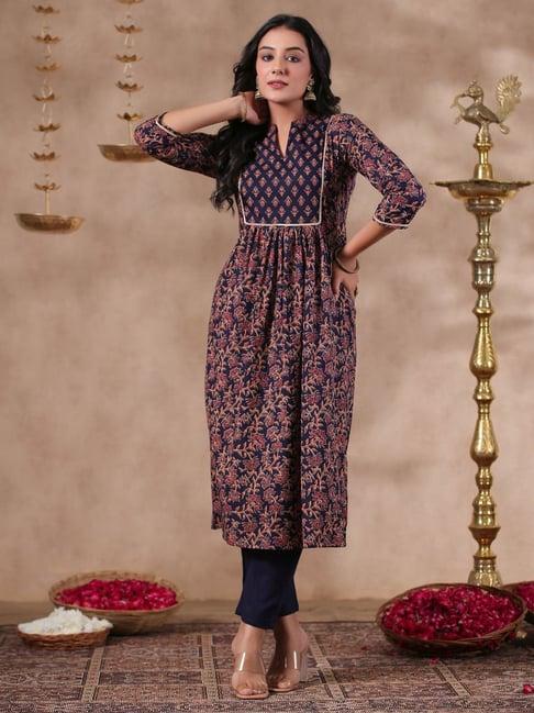 anubhutee blue cotton floral print kurta pant set