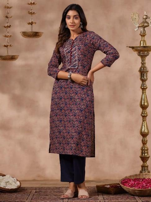 anubhutee blue cotton floral print kurta pant set