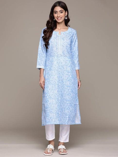 anubhutee blue cotton printed straight kurta