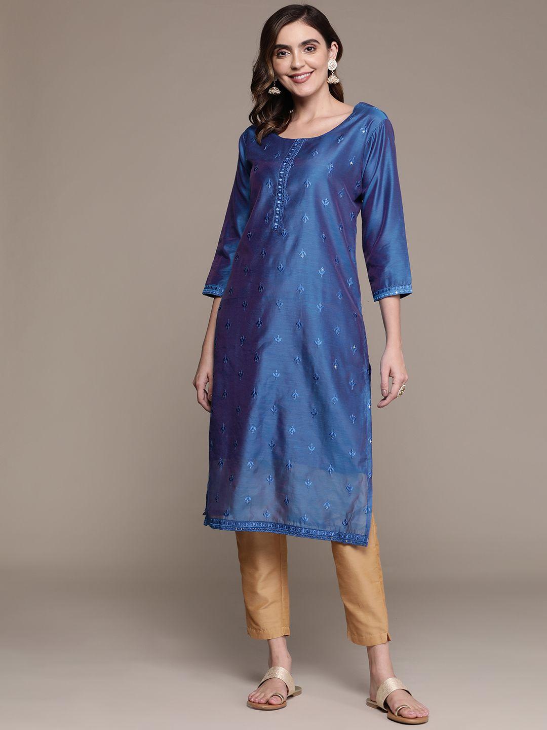 anubhutee blue ethnic motifs embroidered thread work straight kurta