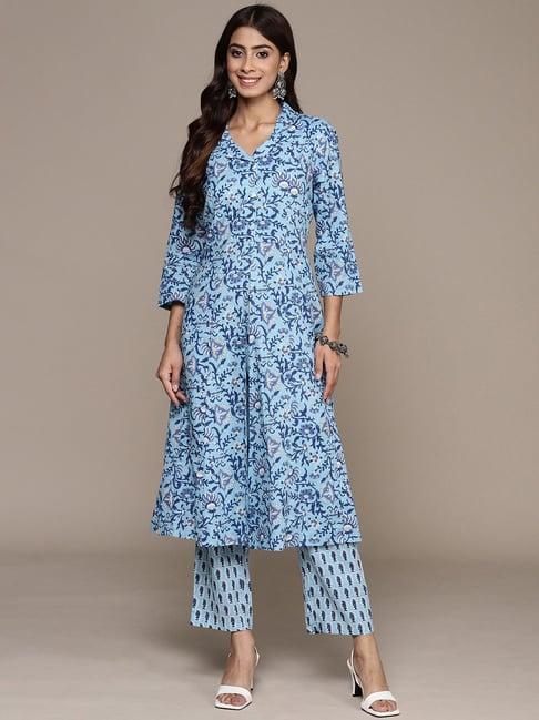 anubhutee blue floral print pure cotton kurta pant set