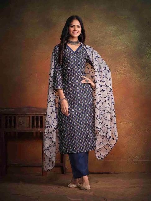 anubhutee blue printed kurta with pant & dupatta