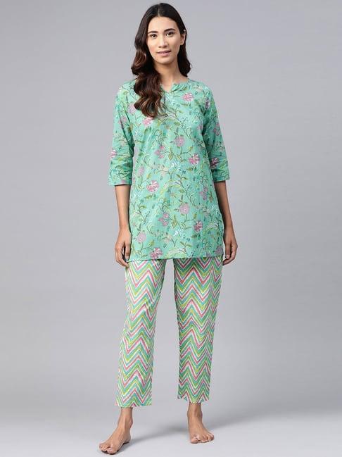 anubhutee blue printed kurti pyjama set