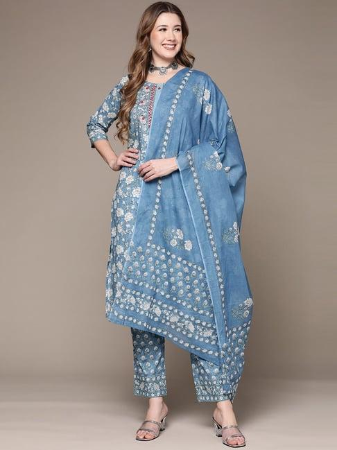 anubhutee blue pure cotton embroidered kurta pant set with dupatta