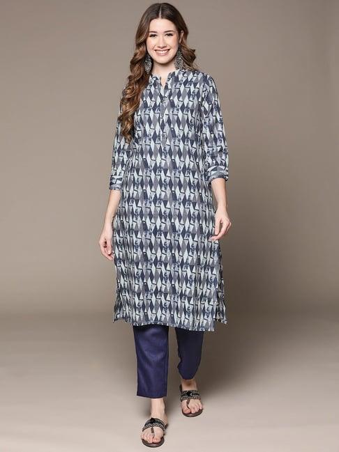 anubhutee blue pure cotton woven pattern kurta pant set