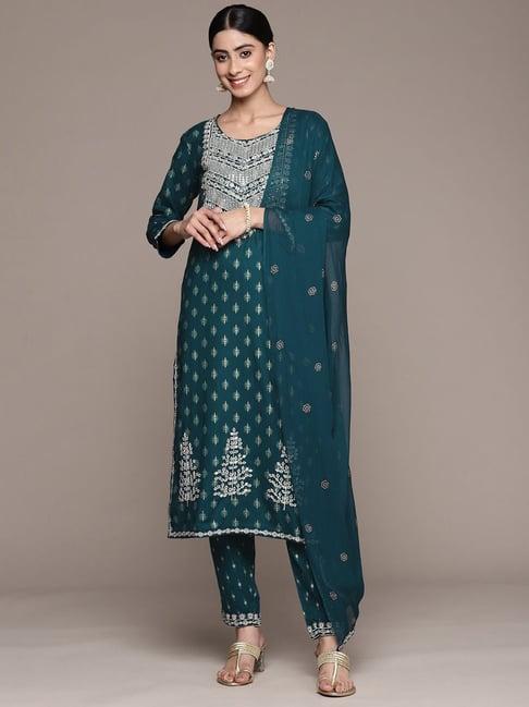 anubhutee bottle green embroidered kurta pant set with dupatta