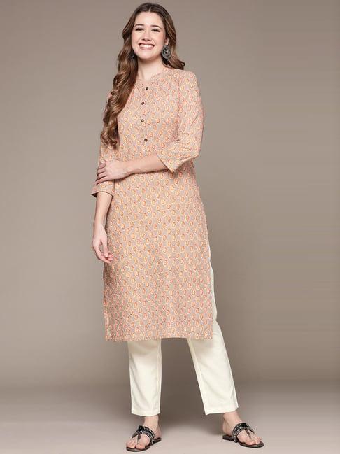 anubhutee brown & orange pure cotton woven pattern kurta pant set