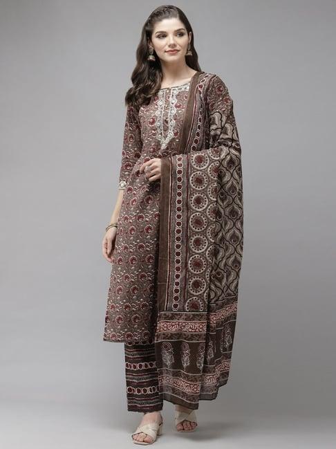 anubhutee brown cotton printed kurta pant set with dupatta