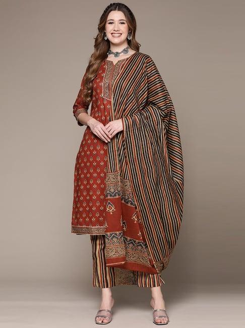 anubhutee brown pure cotton embellished kurta pant set with dupatta