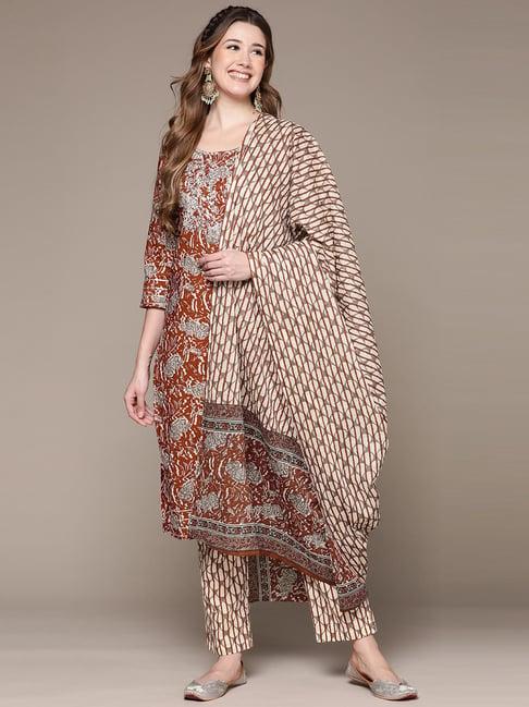 anubhutee brown pure cotton embroidered kurta pant set with dupatta